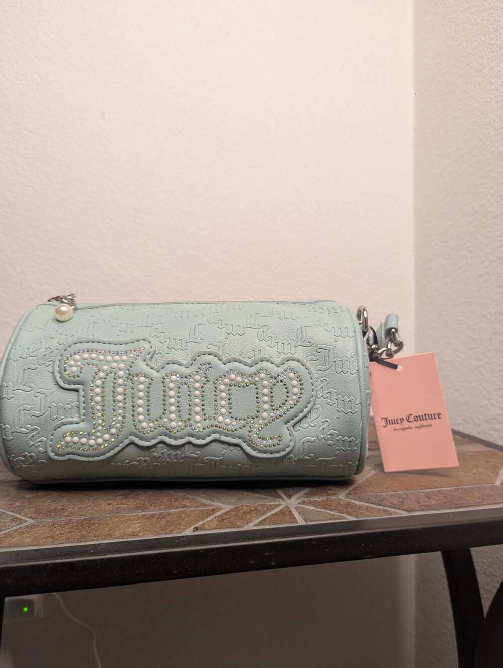 Juicy Couture NWT Blue String of Pearls Roll Bag Y2K Pearls Babydoll Chic Bling